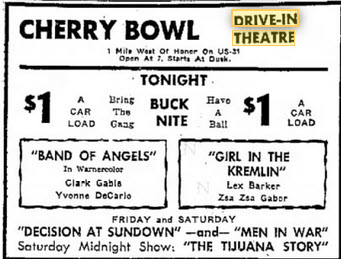 Cherry Bowl Drive-In Theatre - 24 Jul 1958 Ad